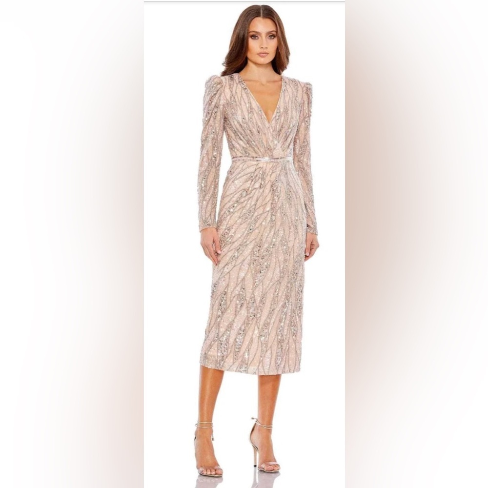 Long Sleeve V Neck Beaded Cocktail Dress